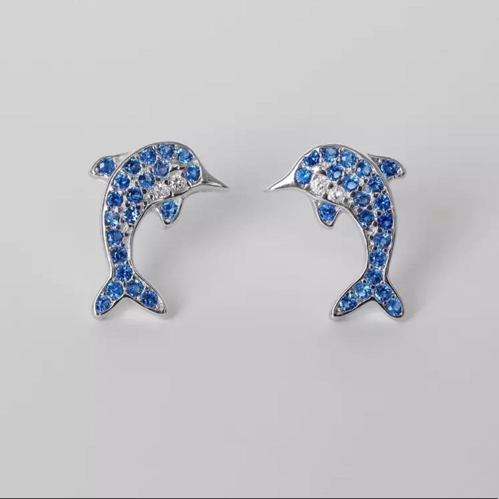 New Sterling Silver 925 Blue Crystal Dolphin Earrings set